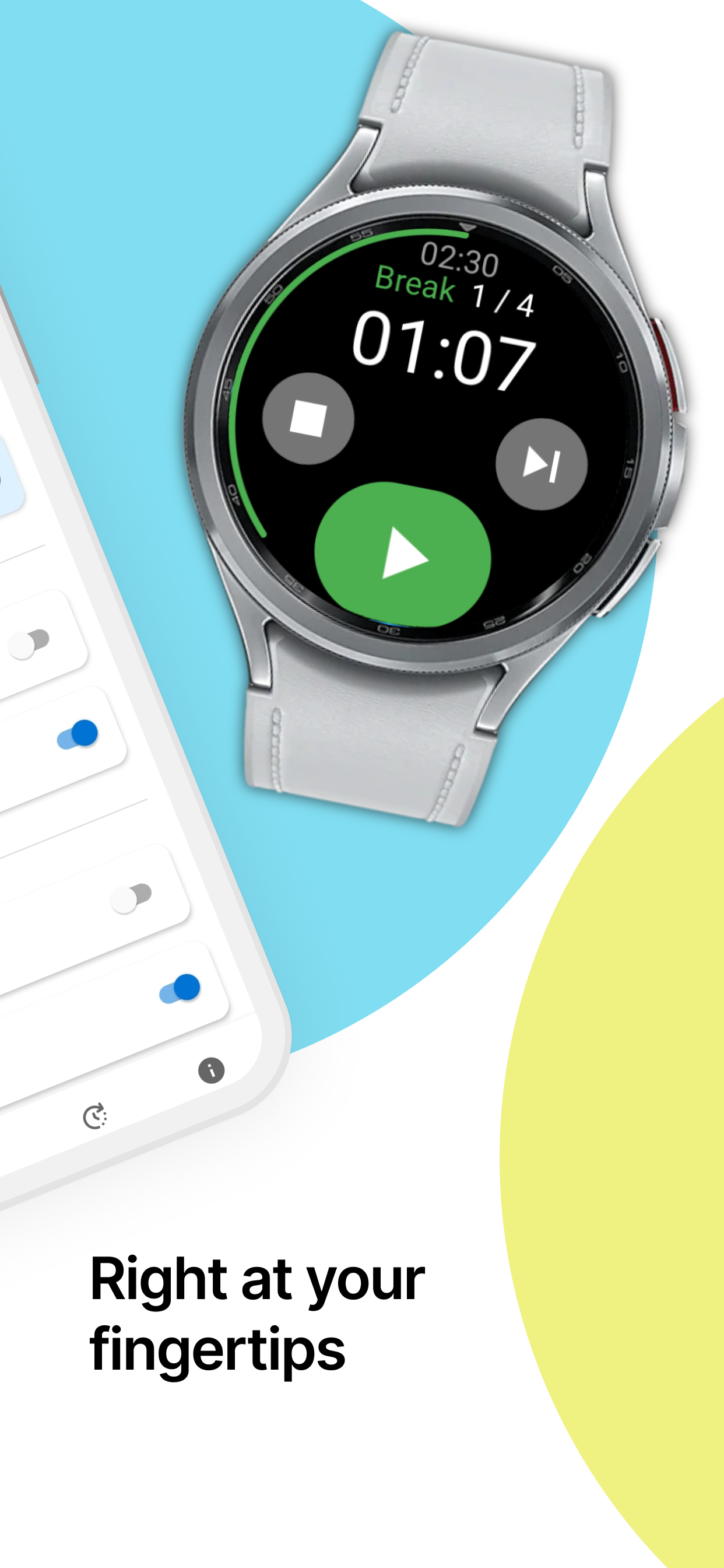 Tile de Wear OS de Pomodoro Watch con botones de iniciar, detener y siguiente