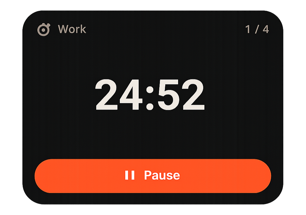Widget de pantalla de inicio de Pomodoro Watch mostrando un temporizador de trabajo en marcha con un botón de pausa