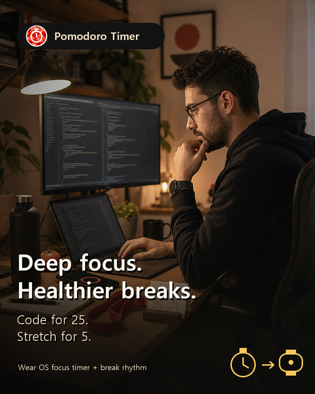 Enfoque profundo, descansos más saludables — trabaja 25 minutos, estírate 5 con Pomodoro Watch en Wear OS